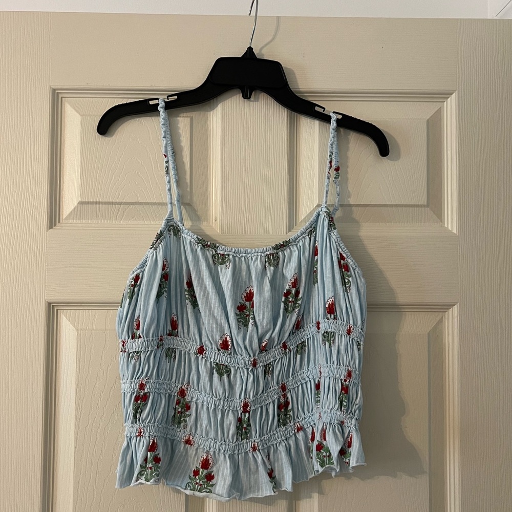 We The Free Light Blue Smocked Floral Cami with Red Embroidery